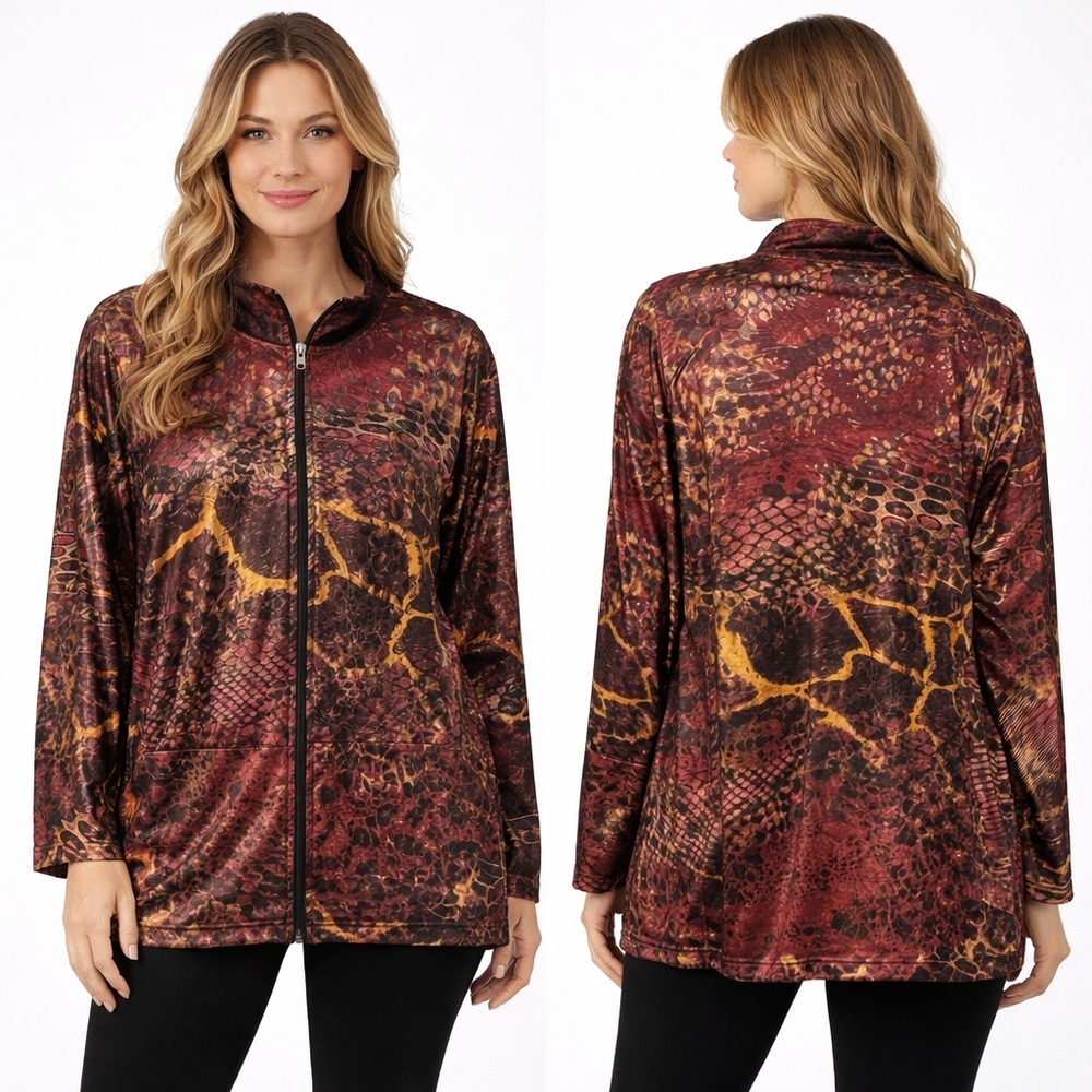 SUSAN GRAVER Zip Front Jacket Womens Plus 2X Red Brown Animal Snake Print Shiny